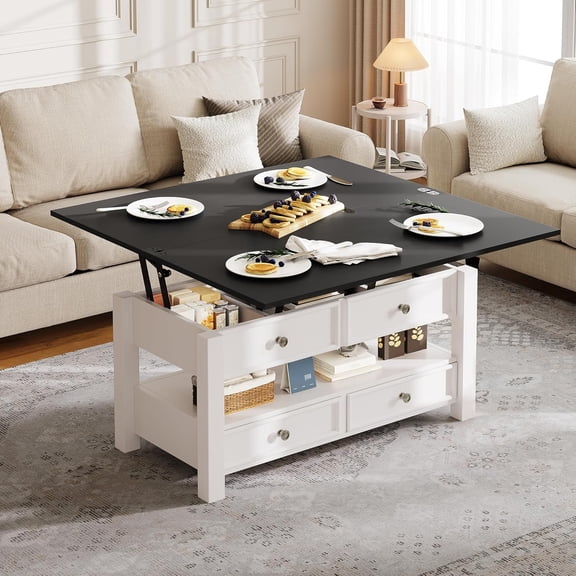 Lift Top Coffee Table, 4 In 1 Convertible Center Table With Hidden Compartment, Open Storage Shelf, Two Wooden Drawers, Multifunctional Table For Living Room Office, Black And Wood Grain