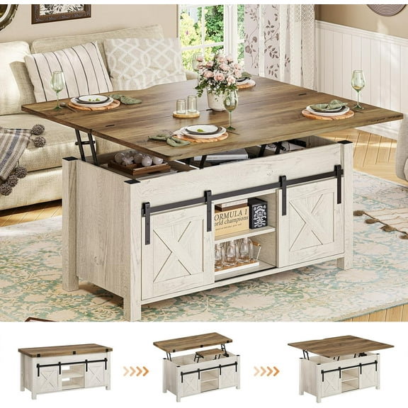 Lift Top Coffee Table, 4 in 1 Multi-Function Farmhouse Coffee Tables with Storage and Hidden Compartment, Convertible White Coffee Table Converts to Dining Table for Living Room, Brown Top