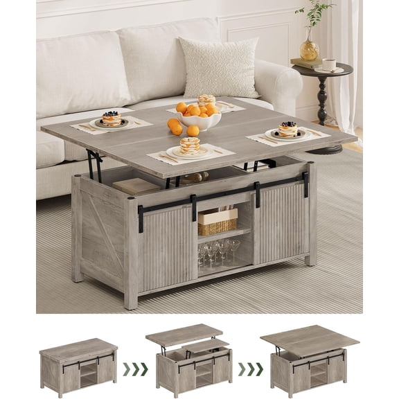 Lift Top Coffee Table, 4 in 1 Versatile Coffee Table, Farmhouse Convertible Coffee Tables, with Hidden Compartments, with Sliding Doors, for Living Room, Dining Room, Apartment, Greige MKF01FH