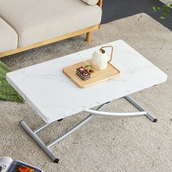 Lift Top Coffee Table, 4 In 1 Multi-Function Lifting Table, W/0.8-inch Wood Grain Process Sticker Desktop & Silver Metal Legs For Home Office 18.3in - 29in Adjustable Height