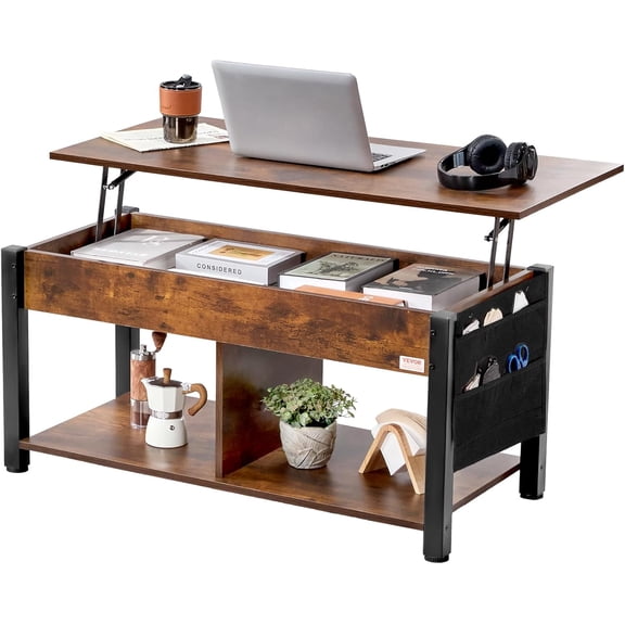 Lift Top Coffee Table, 41.7 in Rectangle Coffee Table with Extra Storage Pockets, Pop Up Coffee Table for Living Room, Brown