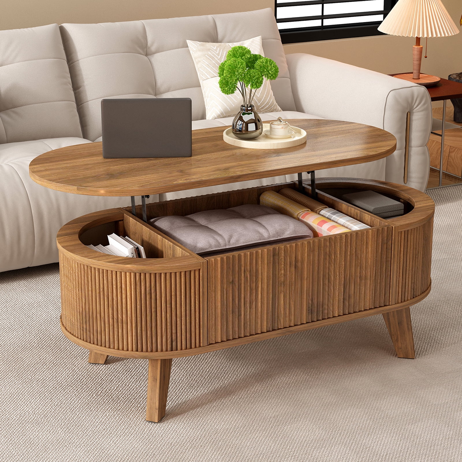 Lift Top Coffee Table 43.3x18.9x17 Inch Fluted Design Hydraulic Lift for Living Room Office