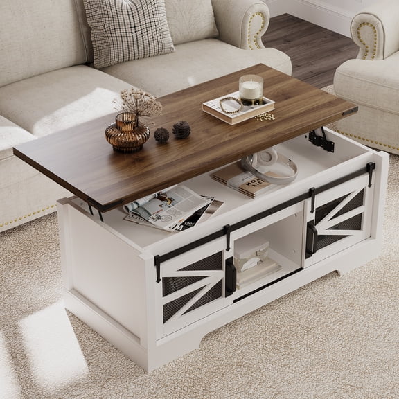 Lift Top Coffee Table, 47.2" Multifunction Coffee Table with Sliding Barn Door, Hidden Storage Compartment, Lifting Table Top and Adjustable Shelf, Farmhouse Rustic Center Dining Table