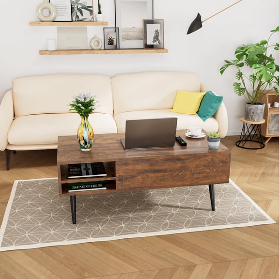 Lift Top Coffee Table with Adjustable Storage and Hidden Compartment Small Wood Coffee Table Center Table for Home Living Room Office Apartment (Brown)