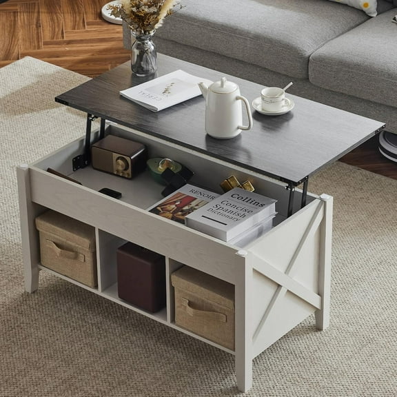 Lift Top Coffee Table, Charcoal Top with White Frame, Farmhouse Cross-Sided Design, with Storage Shelf/Hidden Compartment, Gas Lift Mesa De Centro para Sala Pop Up Coffee Table