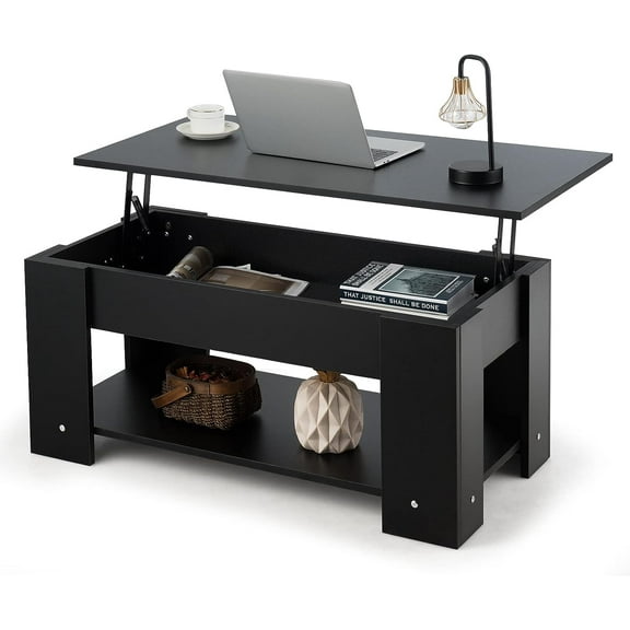 Lift Top Coffee Table, Cocktail Table with Lift-Up Desktop, Coffee Desk with Hidden Storage Compartment, Compact Tea Table for Small Spaces, 38.5 x 29 x 22 Inch (Black)