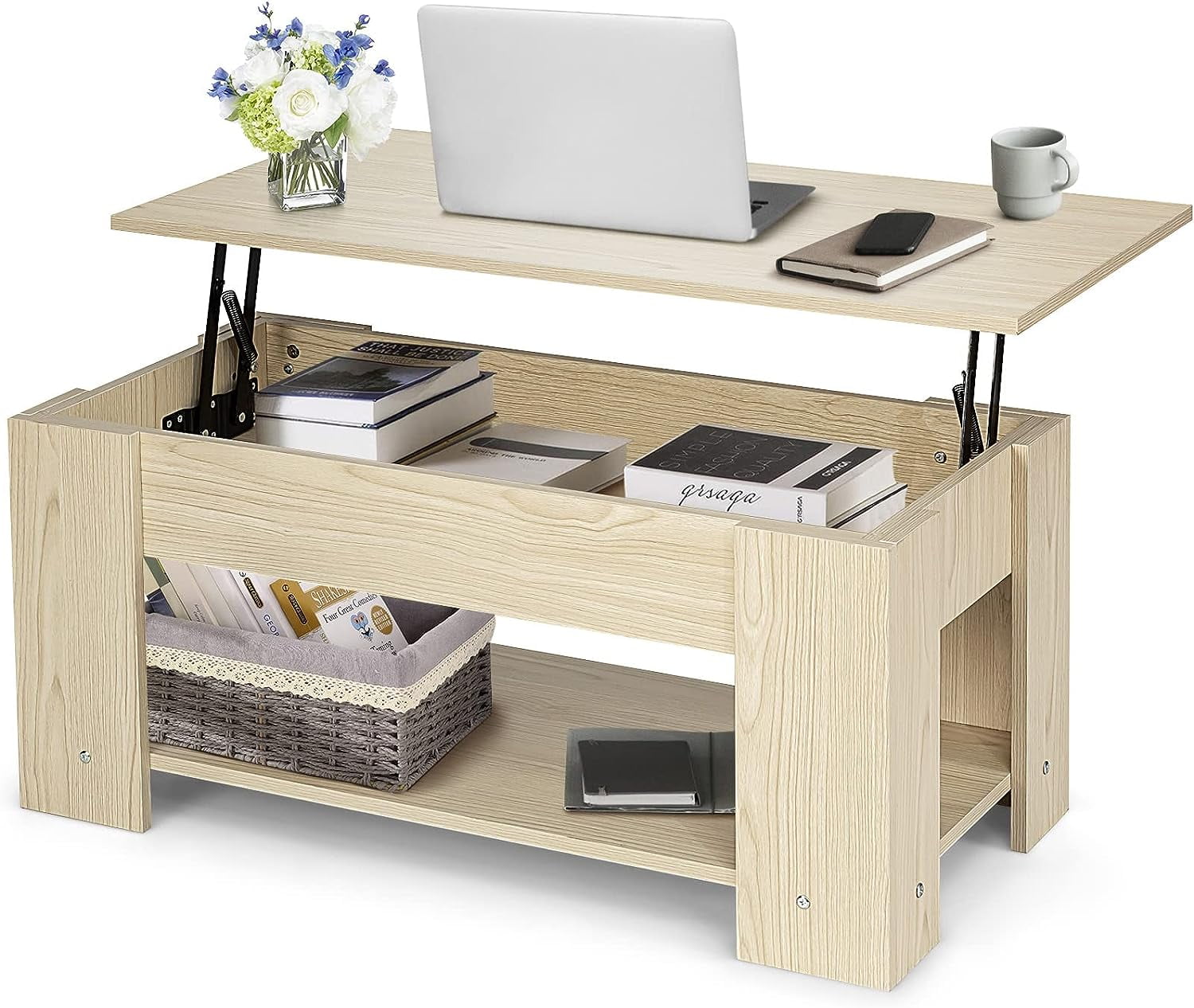 Lift Top Coffee Table, Cocktail Table w/Hidden Compartment & Open