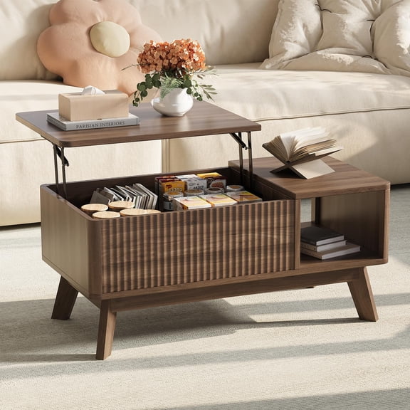 Lift Top Coffee Table, Convertible Center Table With Fluted Storage Compartment, Open Storage Shelf, Solid Wood Legs, Mid Century Modern Accent Table For Living Room Home Office, Walnut