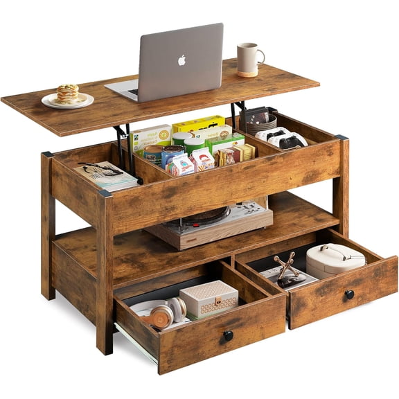 Lift Top Coffee Table, Convertible Center Table With Hidden Storage Compartment, Open Storage Shelf, Two Wooden Drawers, Rustic Table For Living Room Office, Rustic Brown