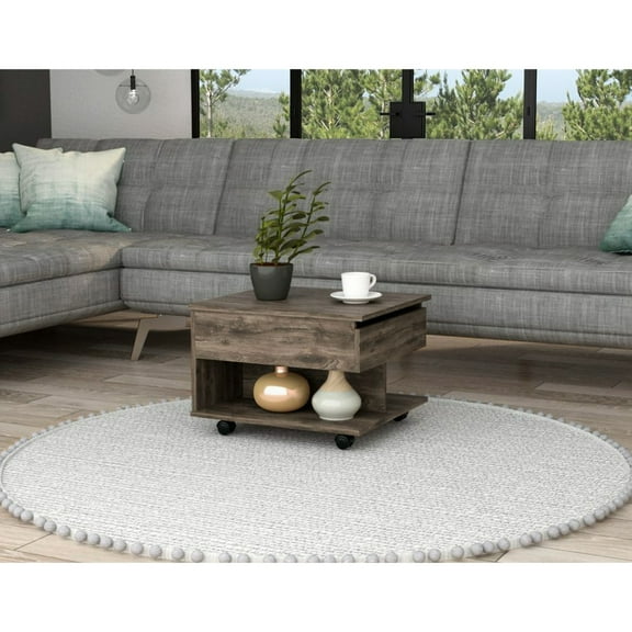 Lift Top Coffee Table, Dark Brown Finish, One Shelf And , 21.6" W X 19.6" D Spacious Tabletop Location, Wheel Locking Setup, 15.3" H Generous Top, Feature,