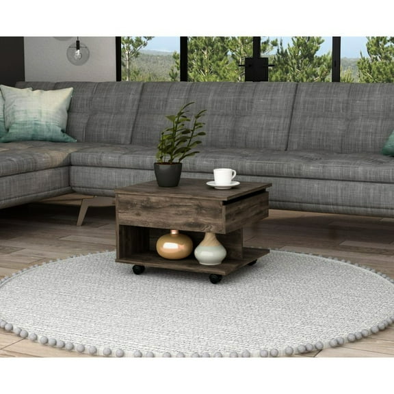 Lift Top Coffee Table In Dark Brown, One Shelf With , 21.6" W X 19.6" D Vast Top, Smart Locking Wheel System, 15.3" H Table, Brown Color, And Spacious Tabletop Spot,