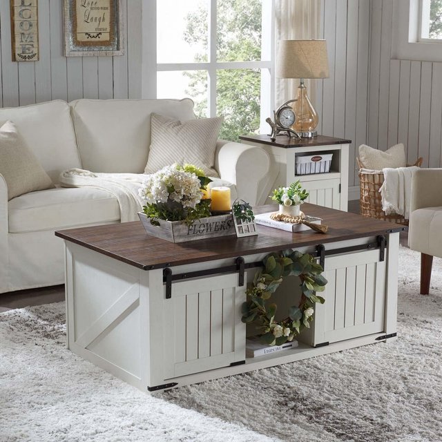 Lift Top Coffee Table with Double Storage Spaces, Farmhouse Rustic Wood