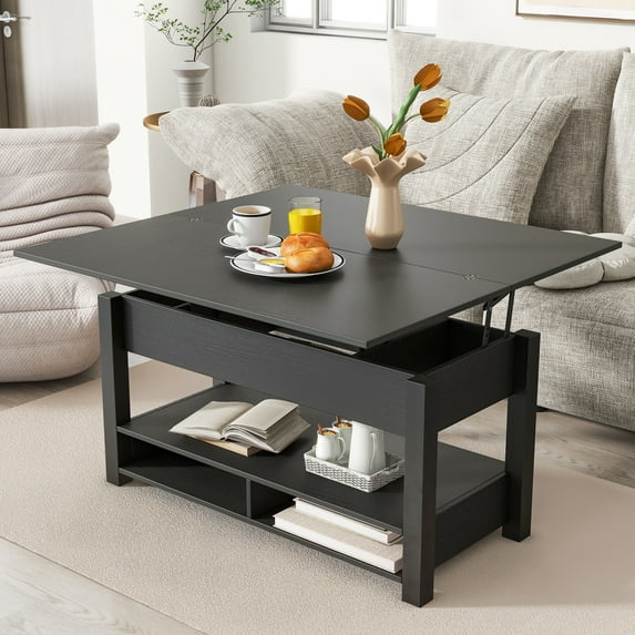 Lift Top Coffee Table with Expandable Tabletop, Rising Center Table w/Hidden Compartment & Open Shelves, Multifunctional Dining Table for Living Room Reception Room, Black