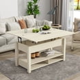 thumbnail image 1 of Lift Top Coffee Table with Expandable Tabletop, Rising Center Table w/Hidden Compartment & Open Shelves, Multifunctional Dining Table for Living Room Reception Room, Ivory, 1 of 9
