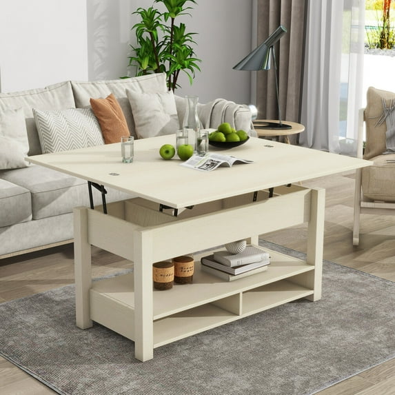 Lift Top Coffee Table with Expandable Tabletop, Rising Center Table w/Hidden Compartment & Open Shelves, Multifunctional Dining Table for Living Room Reception Room, Ivory