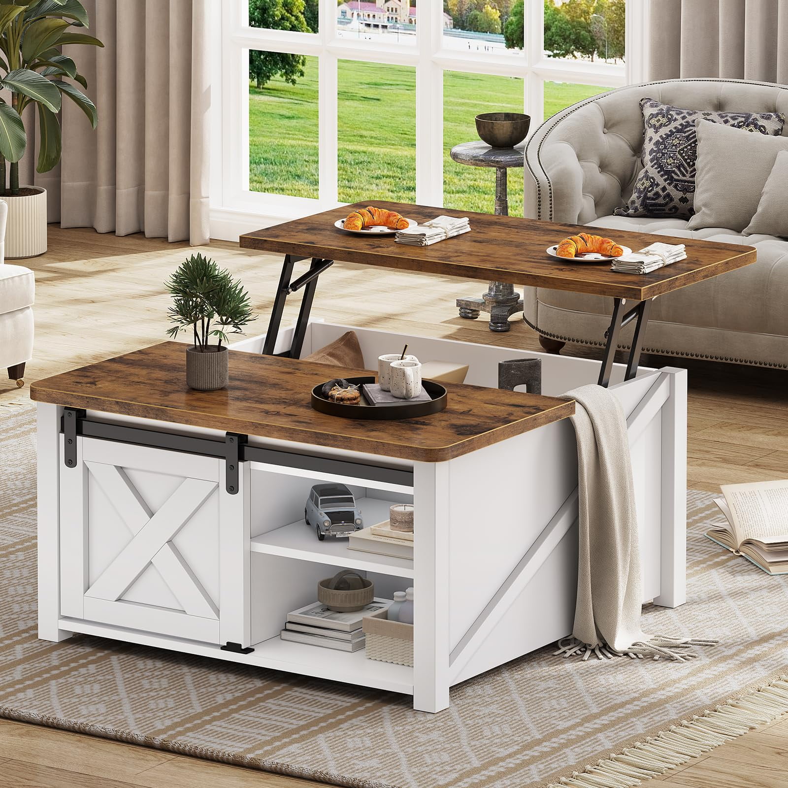 Apartment Essentials Lift-Top Coffee Table - 47.3” Farmhouse Style With  Storage \u0026 Sliding Barn Doors | Rustic Brown Top, White Base Coffee Table  With Storage, image size:1600x1600