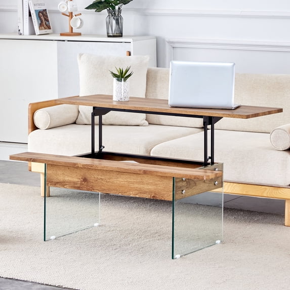 Lift Top Coffee Table Glass Black Modern Rising Tabletop with Hidden Storage Shelf Non-Slip for Home Living Room Office, Natural