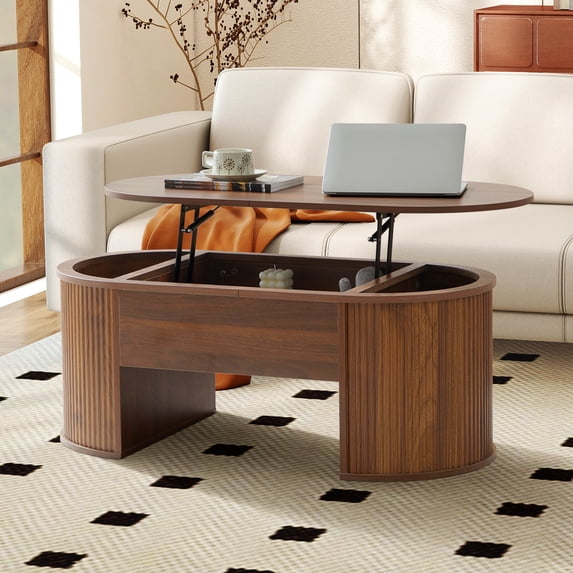 Wirrytor Lift Top Coffee Table with Storage and Open Storage Shelf, Oval Coffee Table for Living Room, Elliptical Arc Design, Fluted Center Table, Walnut Finish & Spacious Storage,