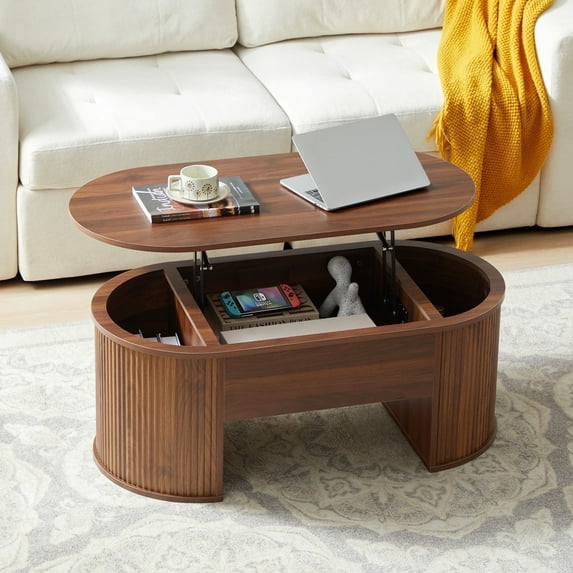Wirrytor Lift Top Coffee Table with Storage and Open Storage Shelf, Oval Coffee Table for Living Room, Elliptical Arc Design, Fluted Center Table, Walnut Finish & Spacious Storage,