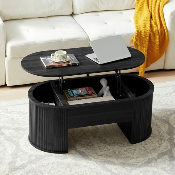 Wirrytor Lift Top Coffee Table with Storage and Open Storage Shelf, Oval Coffee Table for Living Room, Elliptical Arc Design,Waveform Panel, Fluted Center Table,Black