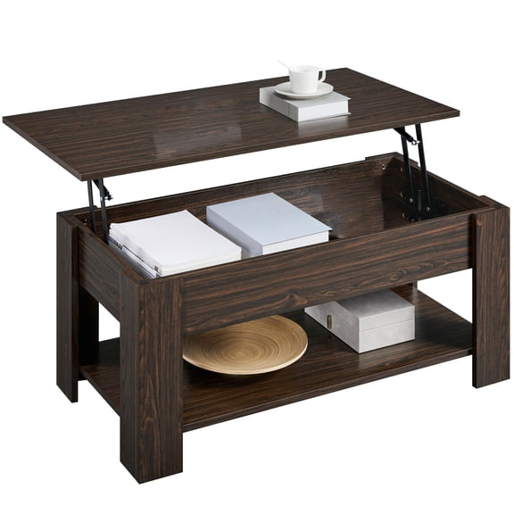 Lift Top Coffee Table with Hidden Compartment and Storage Shelf, Rising Tabletop Dining Table for Living Room, Reception Room, Small Space, Espresso Brown