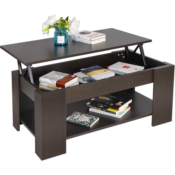 Lift Top Coffee Table with Hidden Compartment and Storage Shelves, Pop Up Coffee Table Wooden Lift Tabletop for Home Living Room Reception Room (Brown)
