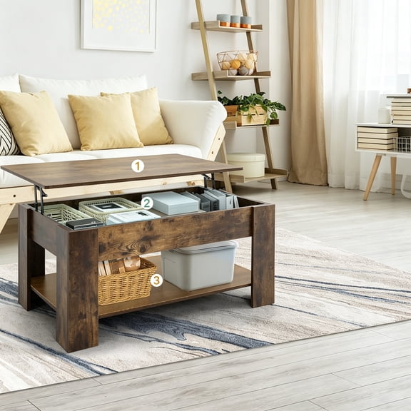 Lift Top Coffee Table with Hidden Storage, 39.4" Modern Lift-Up Design, Convertible Dining & Laptop Desk for Living Room, Reception, Scratch-Resistant, Spacious Compartment & Shelves, Brown