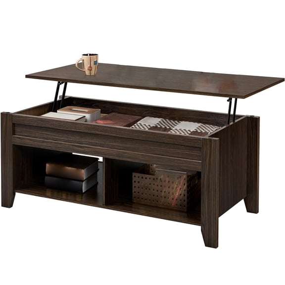 Lift Top Coffee Table with Hidden Storage Compartment and 2 Open Shelves, Rising Tabletop Pop Up Center Table for Living Room, Reception Room, Home Office, Espresso Brown