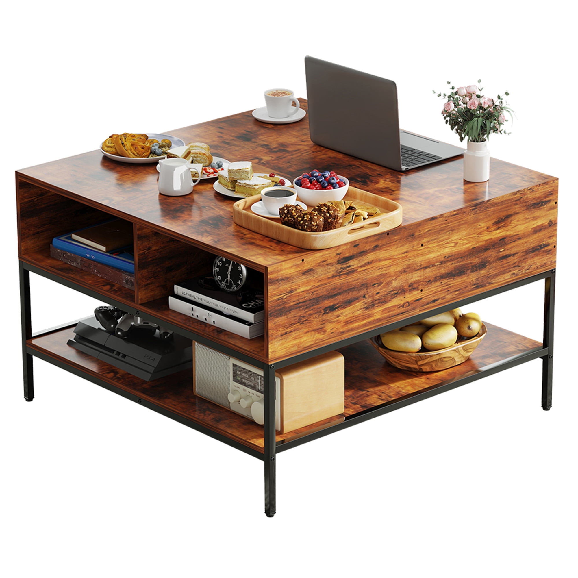 Lift Top Coffee Table with Hidden Storage Compartment and 3 Open Shelves, 31.5 Inch Farmhouse Style Square Table, Scratch-Resistant Surface, 110 lbs Capacity, Dark Walnut & Black Metal
