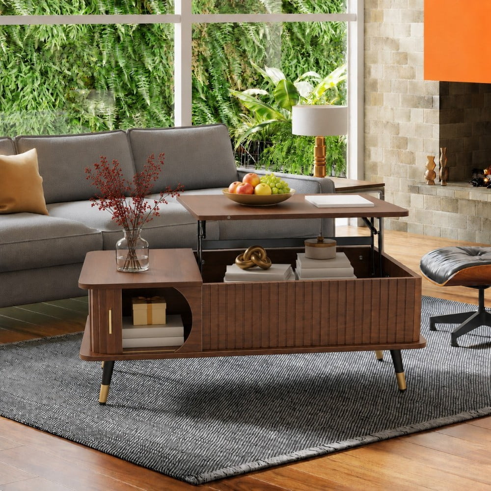 Lift Top Coffee Table with Hidden Storage Compartment and Large Shelf, Wood Farmhouse Coffee Table, Modern Center Table for Living Room, Office, Walnut