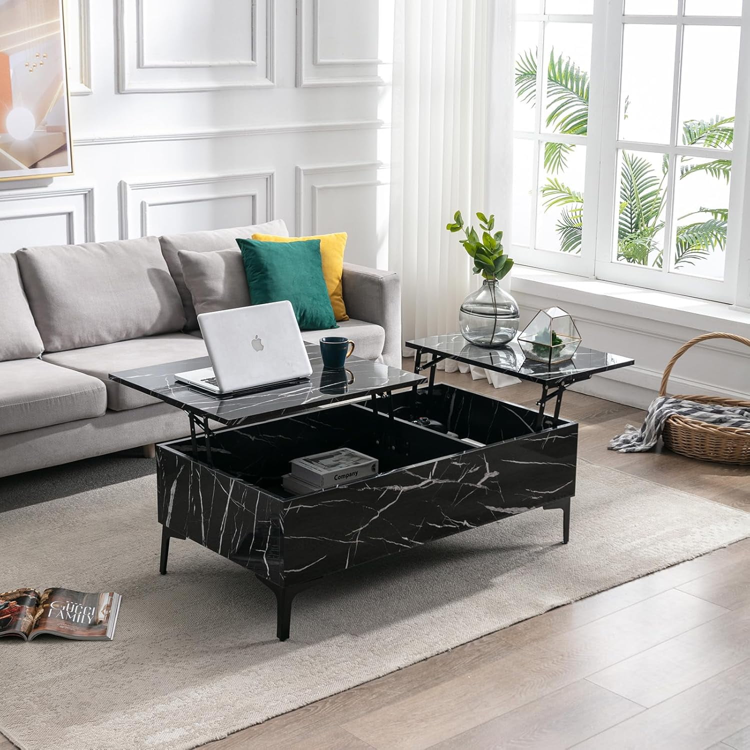 Lift Top Coffee Table with Hidden Storage Compartment, Marble Surface