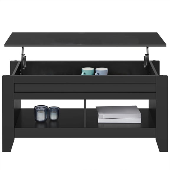 Lift Top Coffee Table with Hidden Storage Compartment and Open Shelf,Farmhouse Cocktail Table for Living Room Office Reception,Sturdy MDF Construction with Water Resistant Lamination,Black
