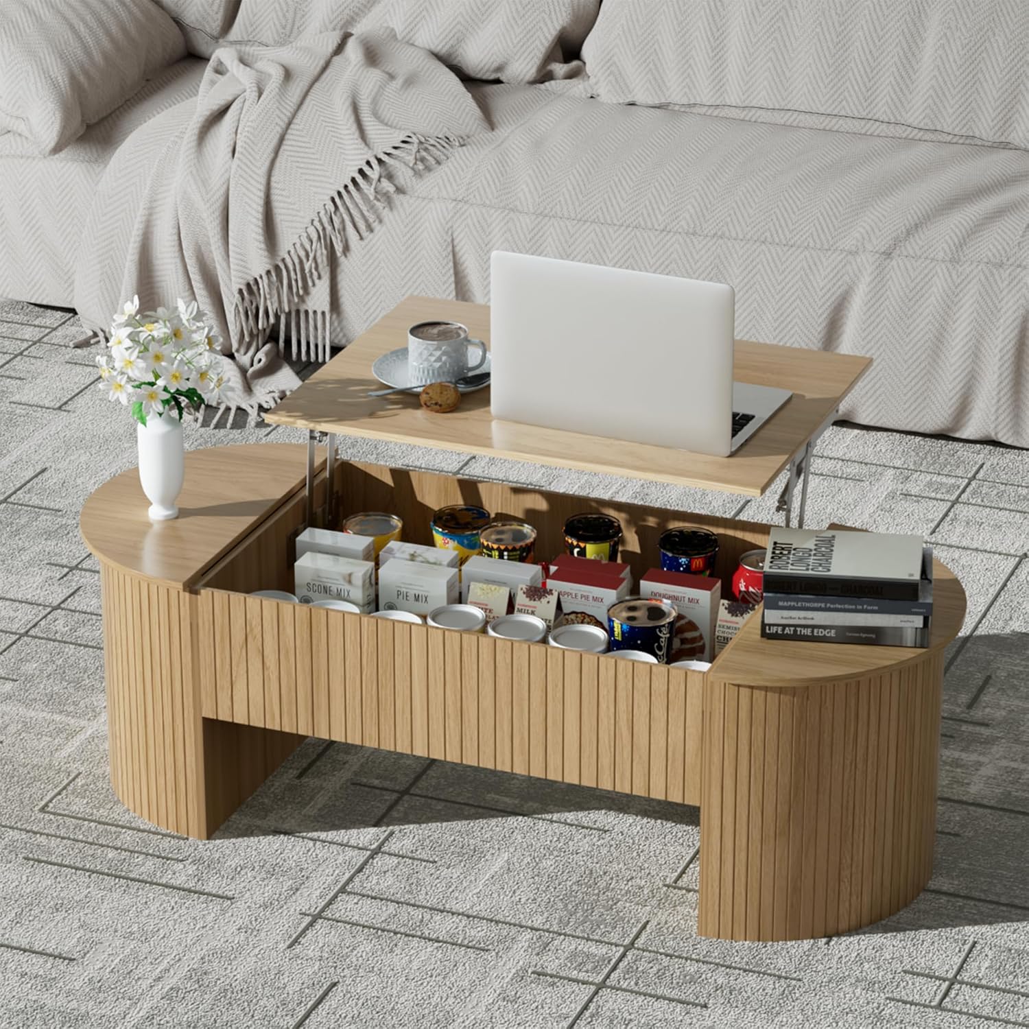 Lift-Top Coffee Table With Faux Marble Top & Hidden Storage - Mid-Century Modern Design In Walnut