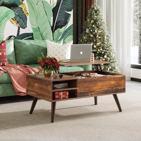 Lift Top Coffee Table with Hidden Storage Compartment Side Shelves, Modern Lift Tabletop Dining Desk with Steel Frame, Farmhouse Center Table for Living Room Home Office
