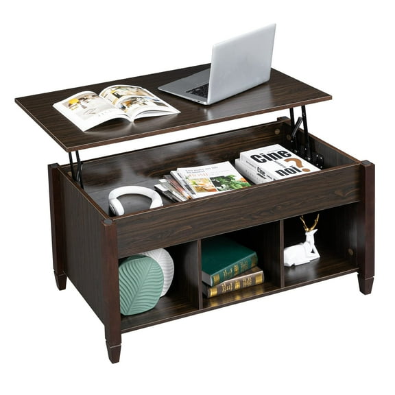 Lift Top Coffee Table with Hidden Storage Compartment, Wooden Central Table with Raisable Top and Lower 3 Cube Open Shelves, Modern Pop up Adjustable Table for Living Room, Brown