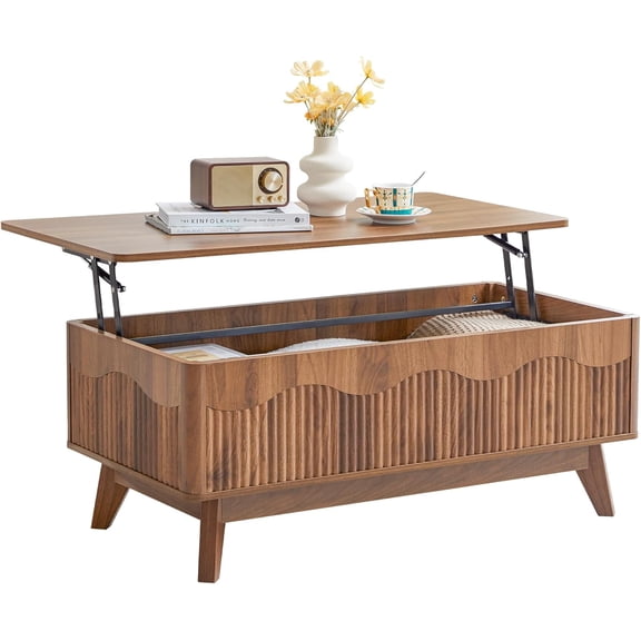 Lift Top Coffee Table with Hidden Storage, Farmhouse Fluted Coffee Table with Wave Profile, Rising Top Rectangular Center Table for Living Room (Walnut)