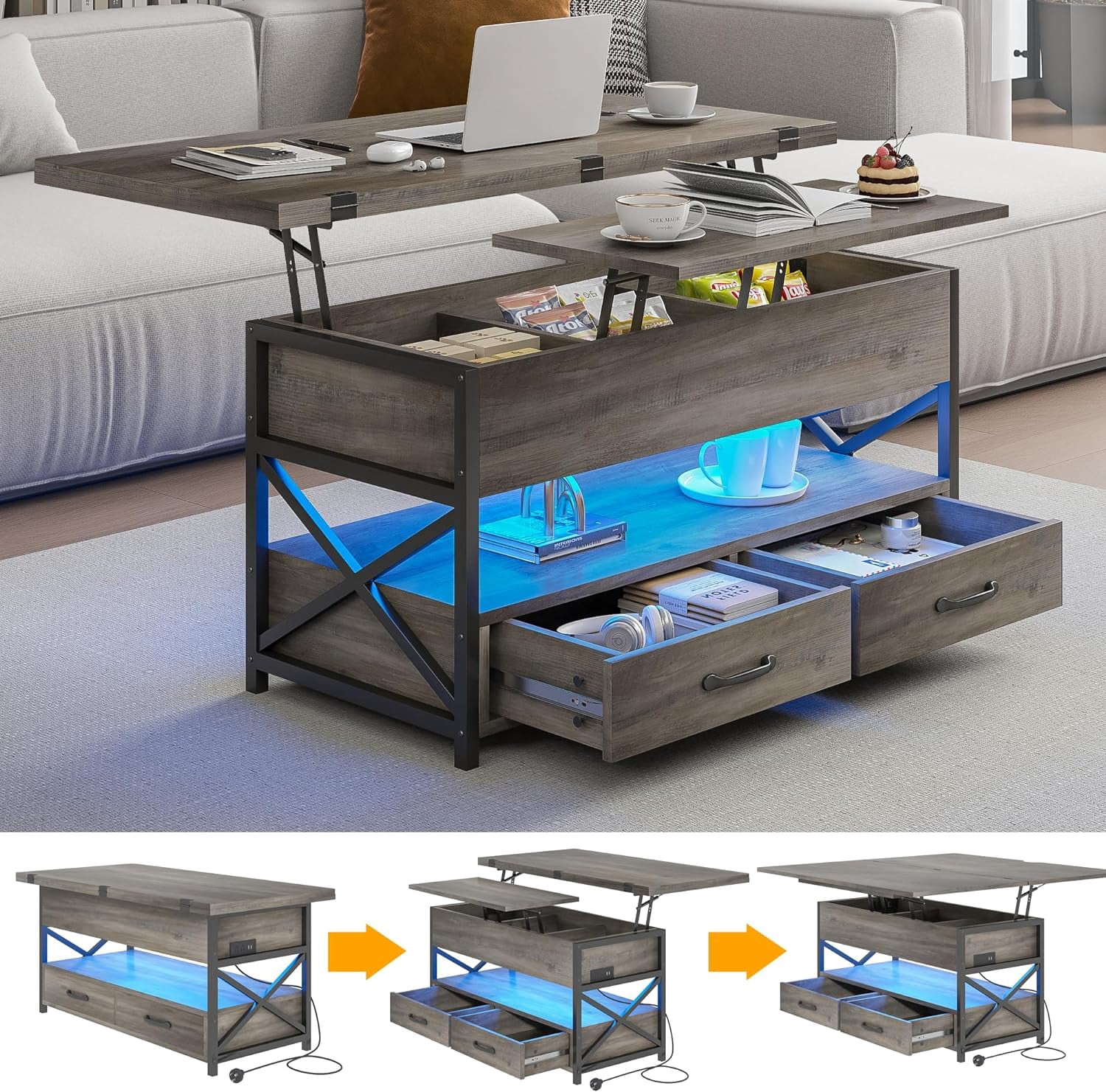 Lift Top Coffee Table with LED Light, Power Outlets, and Storage Shelf ...
