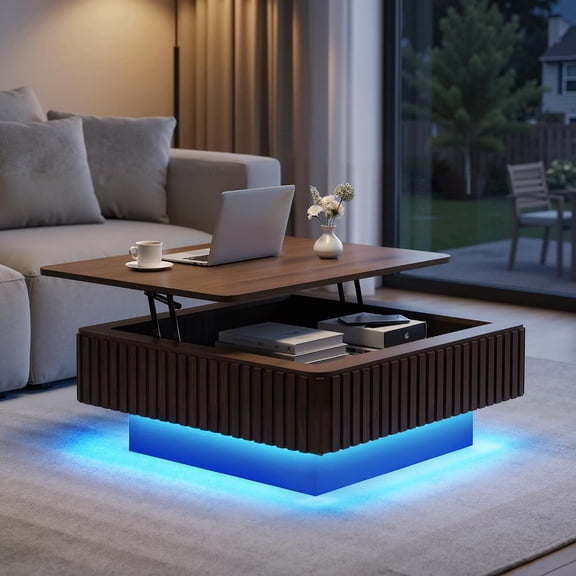 Lift Top Coffee Table with LED Light, Square Extendable Wood Coffee Table w/Hidden Storage & Charging Station, Wood Grain Veneered Fluted Center Tea Table (35.4" W×35.4" D×14.4" H)
