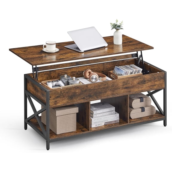 Lift Top Coffee Table Lift Coffee Table with Storage Shelf, Hidden Compartments and Lifting Top Rustic Brown and Black