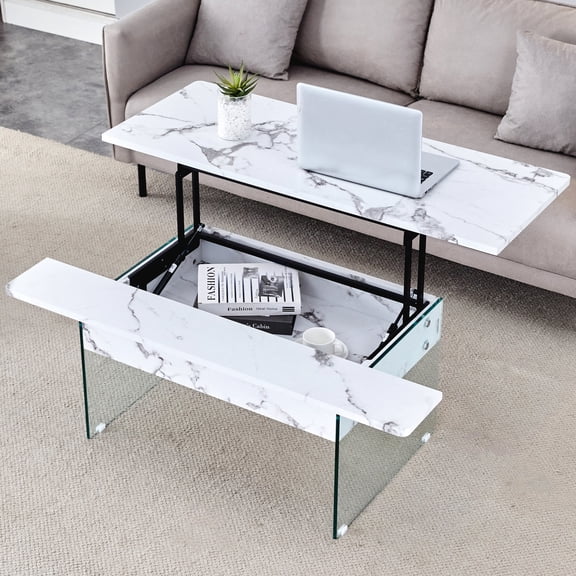 Lift Top Coffee Table | Lift to Create a Workspace in Home | White Marble Pattern MDF Tabletop, Glass Legs | Easy Assembly in 15 - 20 Minutes