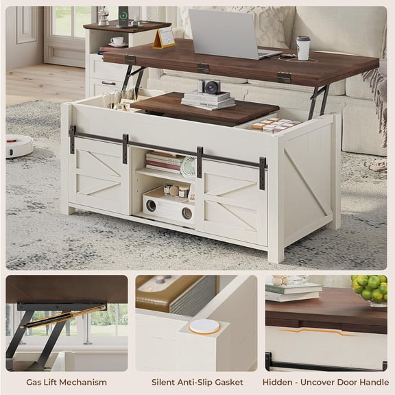 Lift Top Coffee Table for Living Room with 4 Sliding Barn Doors, 4 in 1 Farmhouse Coffee Table with Adjustable Shelves and Hidden Storage Compartment, Converts to Dining Table (Brown White)