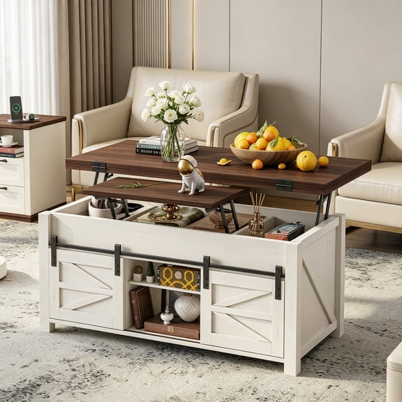 Lift Top Coffee Table for Living Room with 4 Sliding Barn Doors, 4-in-1 Farmhouse Coffee Table with Adjustable Shelves and Hidden Storage Compartment, Converts to Dining Table, Brown White