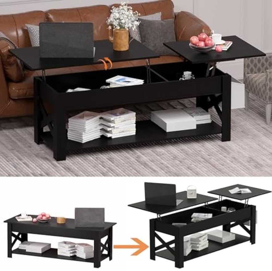 Lift Top Coffee Table for Living Room, Wood Lift Table Top with Storage Shelf, Hidden