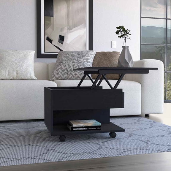 Lift Top Coffee Table Mercuri, Black Wengue Finish, Casters and Concealed Storage for Extra Space