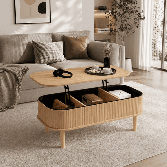 DOREROOM Mid-Century Lift-Up Tabletop and Storage Oval Wood Coffee Table with 3 Hidden Divided Storage Compartments, Red and Yellow