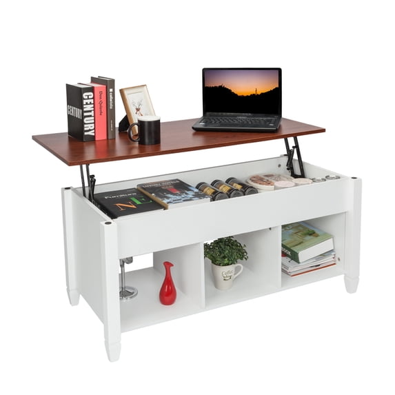 Lift Top Coffee Table Modern Furniture Hidden Compartment and Lift Tabletop with 3 Storage Shelves Brown White