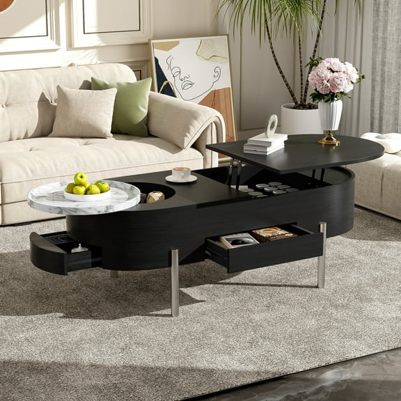 Lift Top Coffee Table, Modern Oval Lift Tabletop with 360-degree Marble-patterned rotating tray,Hidden Compartment, Partially Assembled Wooden Center Table for Home Living Room (Black)