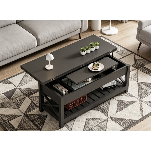 Lift Top Coffee Table, Multi-Function Convertible Coffee Table with Storage and Hidden Compartment, Converts to Dining Table for Living Room, 40" Black