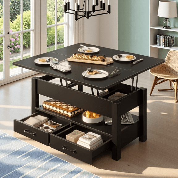 Lift Top Coffee Table - Multi-Function Convertible Table with Drawers & Hidden Compartment for Living Room, Office, Patio
