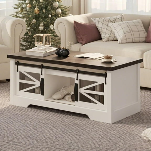 Lift Top Coffee Table, Multifunction Coffee Table with Sliding Barn Door, Hidden Storage Compartment, Convertible Farmhouse Rustic Center Dining Table with Adjustable Shelf for Living Room
